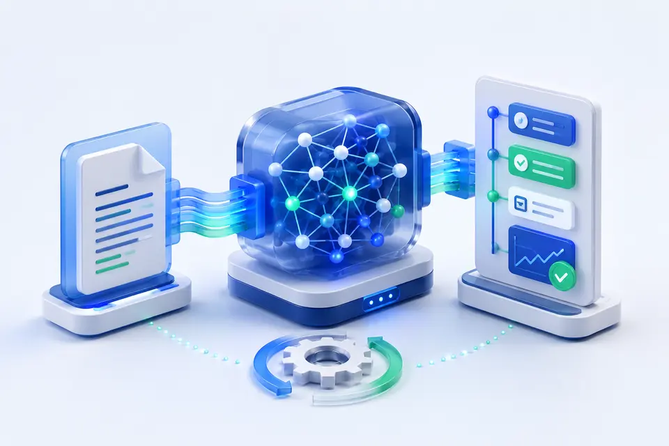 Professional 3D illustration of practical AI workflow enablement