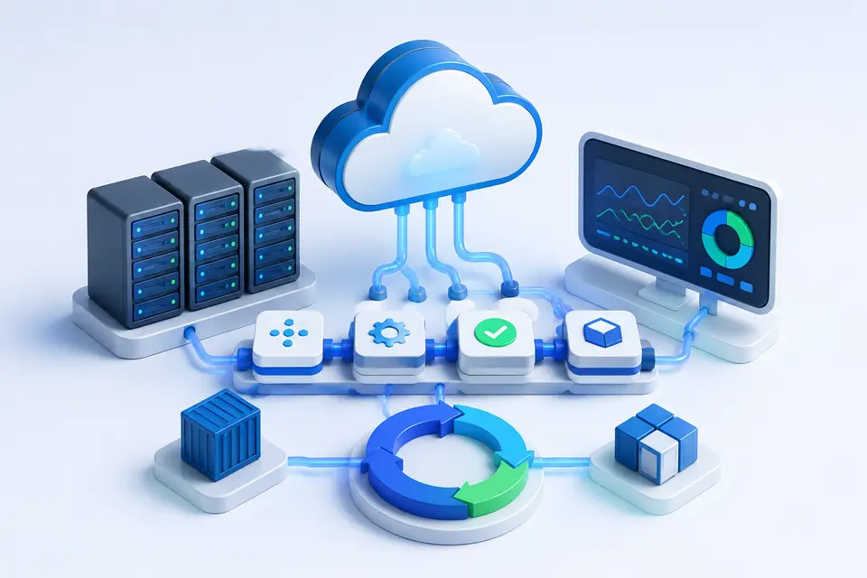 Professional 3D illustration of cloud infrastructure and DevOps automation