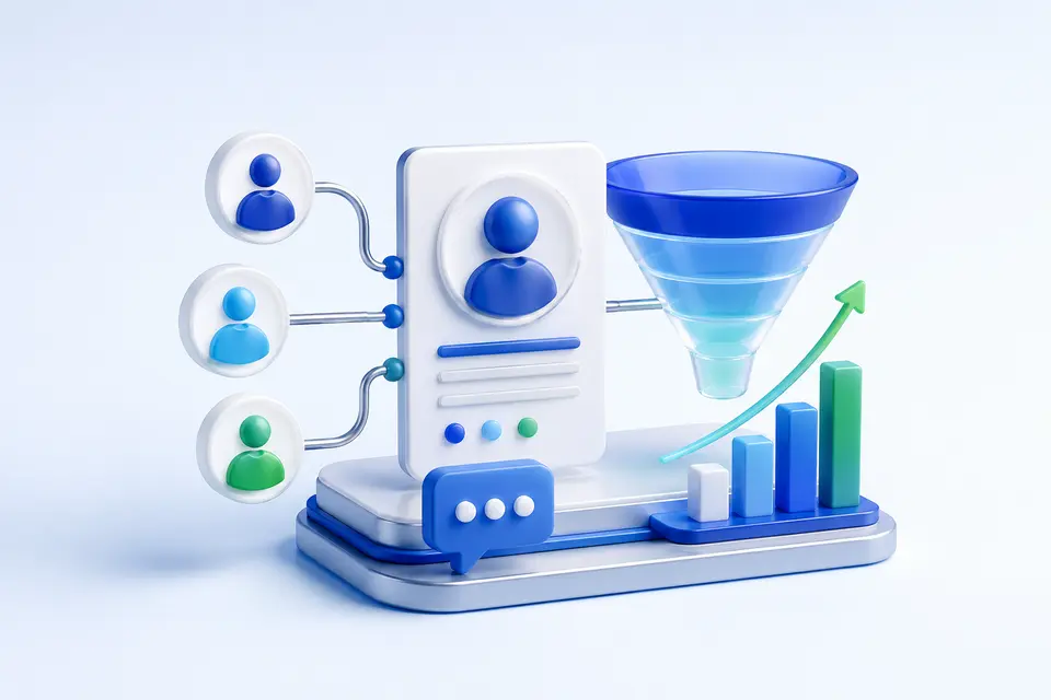 Professional 3D illustration of CRM customer relationships and sales growth