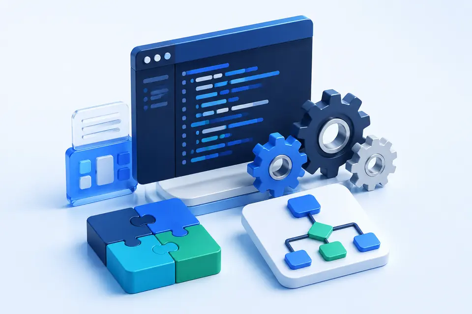 Professional 3D illustration of custom software engineering
