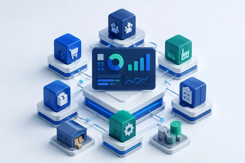 Professional 3D illustration of connected ERP business modules