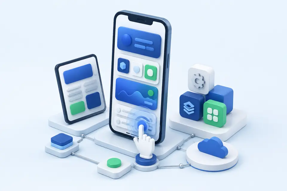 Professional 3D illustration of mobile application development