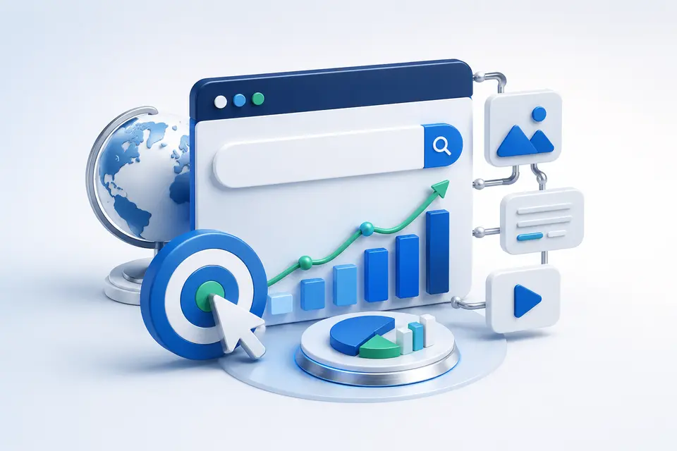 Professional 3D illustration of SEO analytics and digital growth