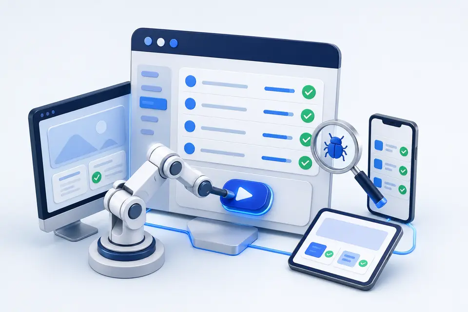 Professional 3D illustration of software testing and automation